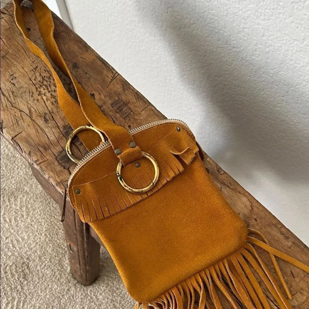 Fringed Suede Crossbody Bag - Mustard